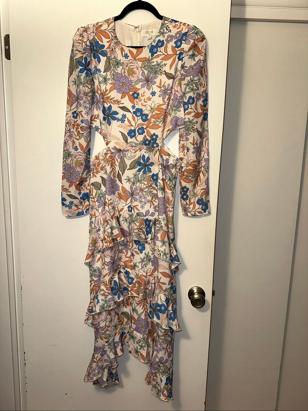 Peach Love Women’s Medium Long Sleeve Ruffle Midi Dress Cutouts Colorful Floral